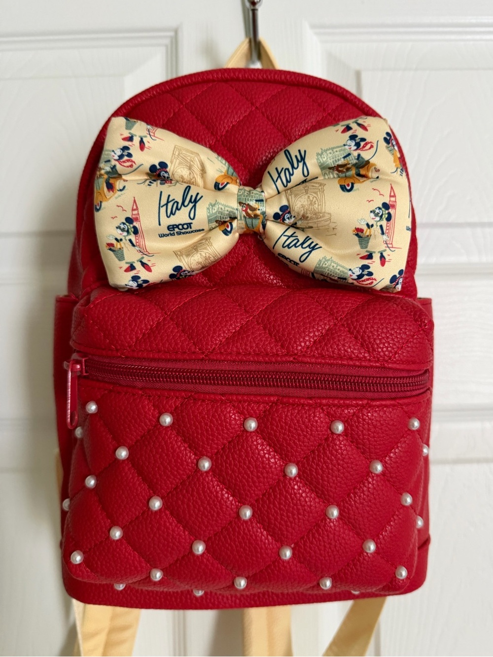 NWT Disney World Red Quilted Pearl Mini Backpack with Cream Italy Bow